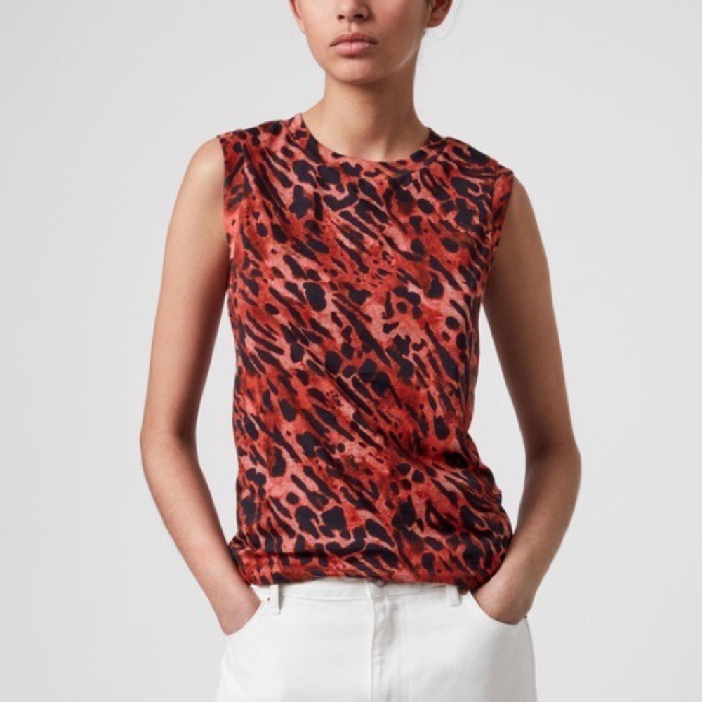 ALL SAINTS Ambient Immy Tank — Size M, Red/Leopard Print